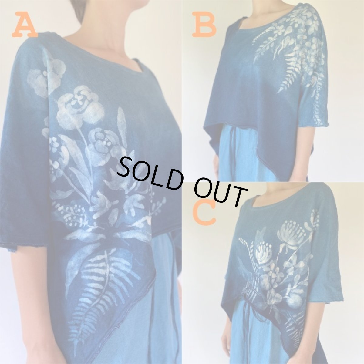 画像3: Aのみ　ラスト１！各1点物　藍染め　手描き　ヘンプコットン　ウィングポンチョ　花々　３種類　まんだらや　[ブランド直送] (3)