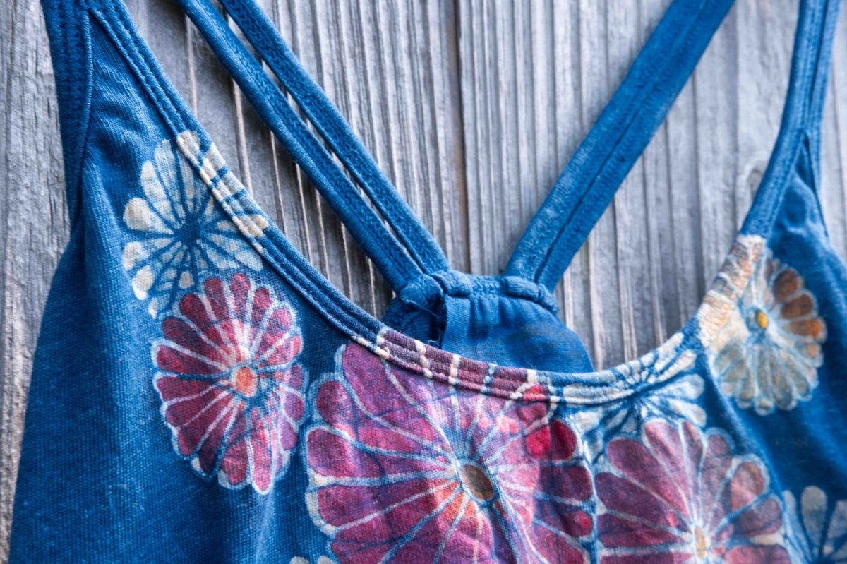 画像6: 1点もの ろうけつ染め 藍染 ヘンプコットン 2ラインキャミソール Mサイズ ukA x chill no ki コラボ (6)