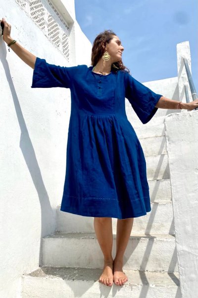 画像3: ジョムトン手織り綿　天然インディゴ染め　ピンク裏地付きシンプルチュニック　Sawan asia　[ブランド直送]