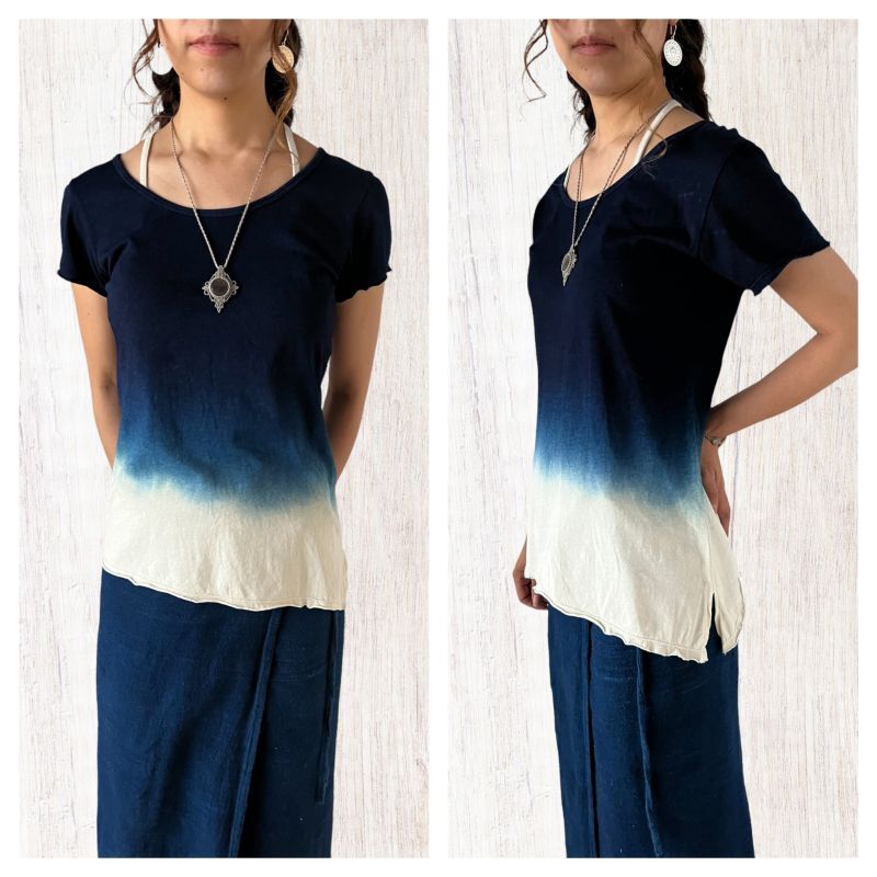 画像1: 藍染グラデーション　ヘンプTシャツ　ミャオ族×ukAコラボ　２パターン (1)